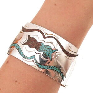 Regina Kallestewa Zuni Old Pawn Sterling Turquoise & Coral Inlay Bracelet 6.75"